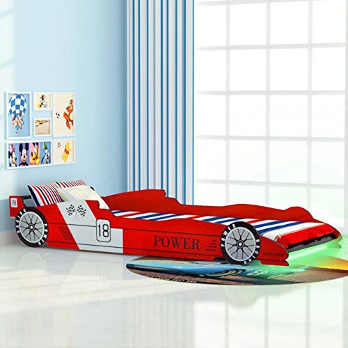 Gecheer Letto Singolo per Bambini, Struttura Letto Design Auto da Corsa in Legno con Luci LED, 90x200 cm, Rosso/Blufor Camera dei Bambini