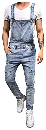 vokkrv Mono Pantalones de Vaqueros Hombre Mezclilla Peto Trabajo Moda Bib Jumpsuit con Bolsillos Trabajo Roto Suelto Casual Fiesta Pant Jeans Denim Pantalones Mono