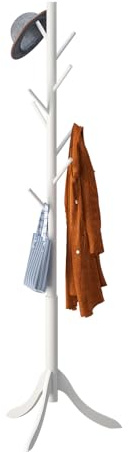 Furshus Coat Rack Freestanding, Coat Stands Entryway, Bamboo Coat Rack Hat Hanger 8 Hook for Jacket, Purse, Scarf Rack, Umbrella Tree Stand (White)
