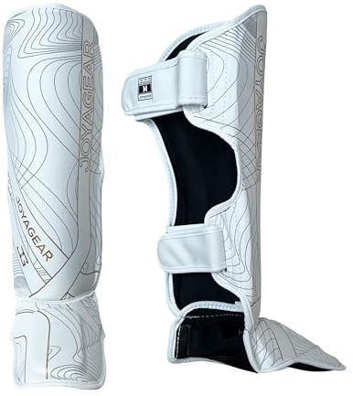 JOYA - Espinilleras para kickboxing, color blanco M, fabricadas en piel sintética de alta calidad, para artes marciales, espinilleras, Muay Thai, Joya Fight Gear