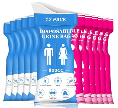 Ruiaqer Sacchetto per pipì 900 ml (12 pezzi) – Mobile orinatoio & toilette di emergenza per viaggiare – WC usa e getta per donne, uomini e bambini, toilette da viaggio per auto, campeggio, festival e