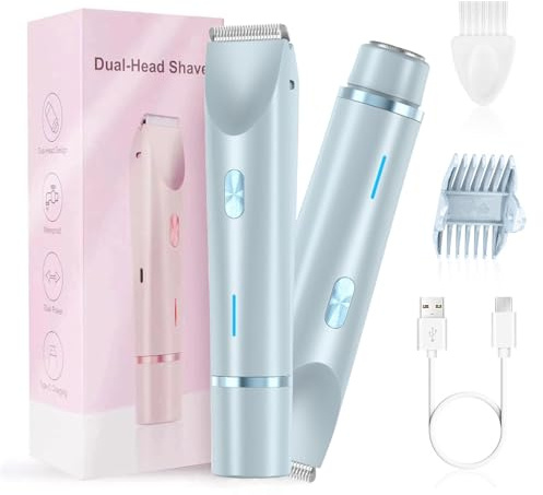 2 in 1 Lady Dual-Head Shaver, IPX7 Waterproof Wet & Dry, Women's Body Hair Trimmer & Facial Hair Remover for Bikini Underarms Legs Arms Body Face (Blue)