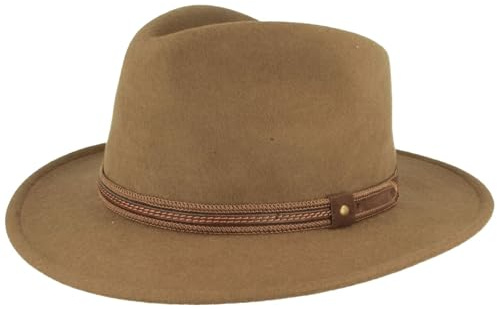 Bred utomhusfilt hatt – trekking ullhatt av 100 % ull – vattenavvisande och vikbar – med läderuppsättning – för män och kvinnor, Beige – uppsättning, 57