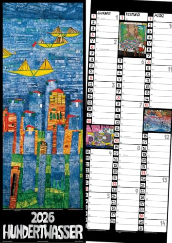 Hundertwasser Streifenkalender Art 2026 - Wörner Verlag - Kalender mit Bildern von Hundertwasser und Platz für Notizen - 65 cm x 23 cm