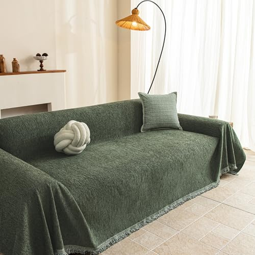 MYSKY HOME Housse Canapé 3/4 Places, Jeté de Canapé Grande Taille, Couvre Canapé en Chenille avec Franges,230x300cm, Vert Olive