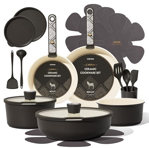 CAROTE 21-Piece Ceramic Cookware Set, Nonstick Pots and Pans Set with Detachable Handle, Non-Toxic Kitchen Cooking Set, Induction Compatible, Dishwasher & Oven Safe, Charcoal