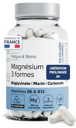 Triple Magnésium - Haut Dosage - 3 Formes: Magnesium Bisglycinate, Marin, Carbonate - Avec Vitamines B6 & B12 - Libération Prolongée - Fatigue, Stress - 60 Gélules Végétales - Vegan - Beyond Elements