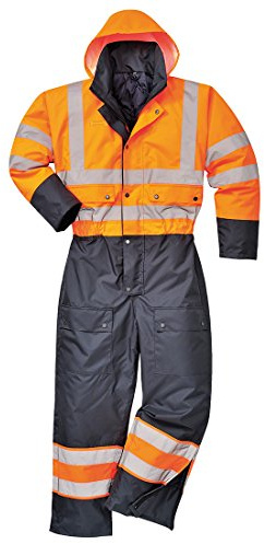 Portwest S485 Mens Hi Vis Waterproof Winter Coverall Thermal Quilted Hooded Rain Suit 300D PU Coated Taped Seams Reflective Workwear Rail Motorway Tradesman, Orange/Navy, 5XL