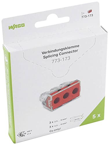 WAGO Verbindungsdosenklemme 773-173/995-005 | 3 Leiter, bis 6 mm², 5 Stück, COMPACT Verbindungsklemme für ein- und mehrdrähtige Leiter, bestätigte Anwendungssicherheit, kleinstmögliche Bauform