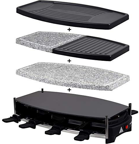 Syntrox Germany - Griglia per raclette per 8 persone, in vetro ceramica + pietra calda, 4 piastre aggiuntive, 1000 Watt