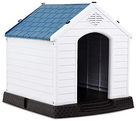 DREAMADE Hundehütte Hundehaus aus Kunststoff, Wetterfeste Hundehöhle für Indoor & Outdoor, Tierhaus mit Erhöhter Bodenplatte (S)