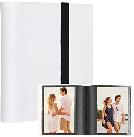 Small Photo Album 4x6, Mini Photo Album Hold 64 Pictures, Black Inner Page with Strong Elastic Band, 4x6 Portfolio Folder for Artwork Postcards Picture Storage, Photo Book for 4 x 6 Pictures (White)