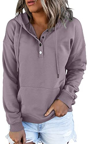 Dokotoo Kapuzenpullover Damen Knopfleiste Hoodies Pullover Langarm Herbst Winter Sweatshirt Oberteil Pulli, violett, M