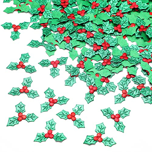Vaktop 300PCS Artificial Holly Berries Leaves Christmas Holly Leaves and Berries, Mini Triple Leaf Holly Berry Embellishments - for Christmas Card, Gift Tags, Table, DIY Craft Decorations