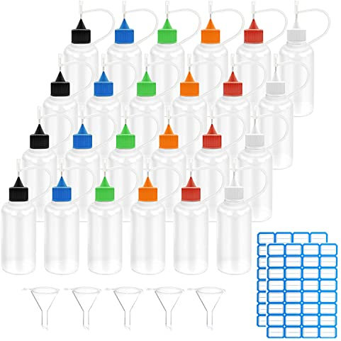 Nadelflaschen Präzisionsspitzen-Applikator Nadelspitzen Kleberflasche 24STK 30ml Squeeze Flaschen durchscheinende Flaschen für DIY Handwerk Acrylmalerei mit 5 pcs Trichtern