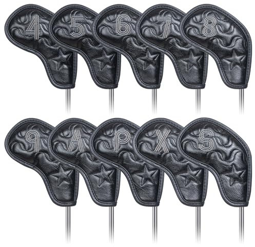 Golf Iron Club Head Covers Magictape 10pcs 4-9,P,A,S,X Right Hand Black PU Leather Number Embroidery