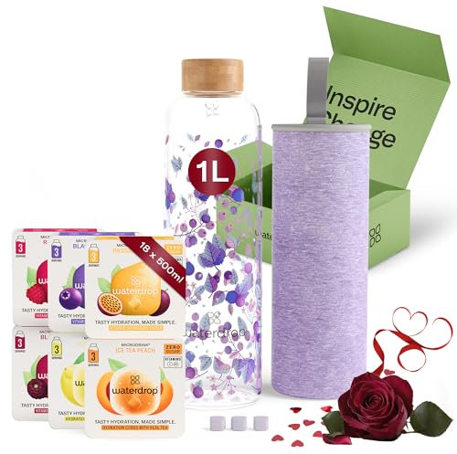 waterdrop® Starter Set Glass – 1x 1L Glass Bottle + 18 Getränkewürfel in 6 fruchtigen Sorten – Probierpaket mit Glasflasche auslaufsicher Kohlensäure geeignet + Getränkepulver zuckerfrei