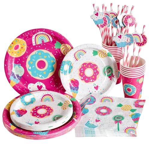 EASY JOY 80 Pcs Candy Party Tableware Set Birthday Party Decorations Candy Theme Paper Plates Napkins Cups and Straws for Girl Birthday Afternoon Tea Wedding Baby Shower