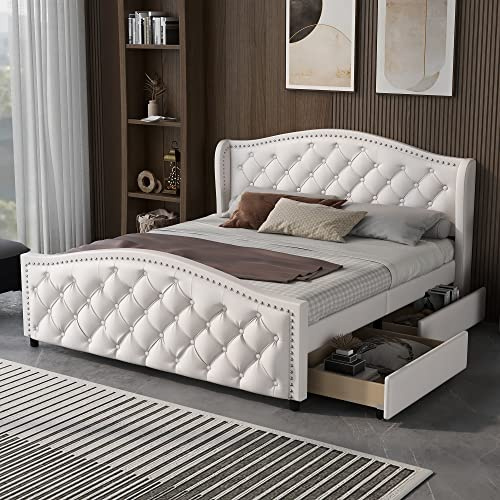 ModernLuxe Double Bed Frame with Slatted Frame and 2 Drawers, Headboard with Pull Point Rivets, Upholstered Bed for Adults & Teenagers, Double Bed with Storage, Wood & Faux Leather, White, 135x190cm
