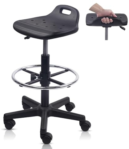 KLASIKA Drafting Rolling Stool Adjustable Height with Foot Rest Breathable Seat Cushion Swivel Stools with Wheels, Multi-Purpose Work Stool for Shop, Task, Salon, Black, 1 Pack