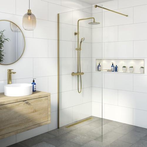 BAYSTONE® 800mm Wet Room Shower Screen Panel 8mm Toughened Safety Easy Clean Glass Walk in Shower Enclosure, Frameless, Brushed Brass