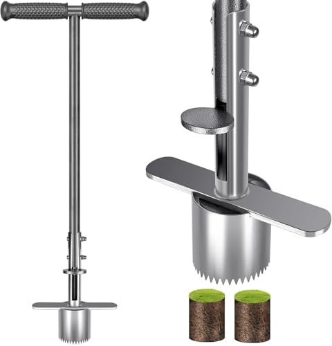 BeneLabel Zwiebelpflanzer, 80cm Blumenzwiebel Pflanzwerkzeug Langstiel Garten Rasen Werkzeug Tiefe 8cm Rasenstopfer Scharfe Verzahnung mit Auslöseautomatik für Zwiebeln Blume Einpflanzen, Silber