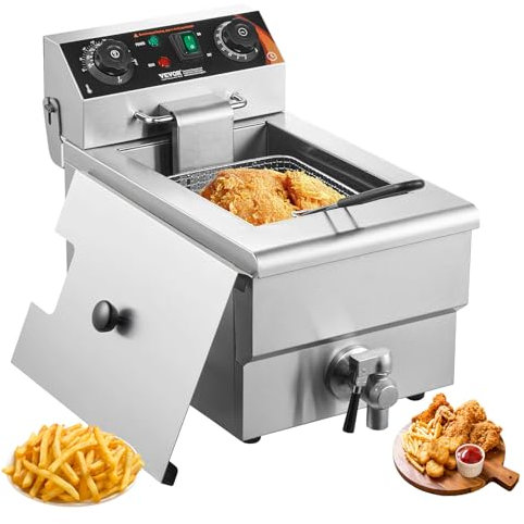 VEVOR Friteuse commerciale 3000 W, friteuses à bain d'huile électrique avec panier, en acier inox, 9 L, avec contrôle du temps et de la température, protection contre la surchauffe, pour restaurant