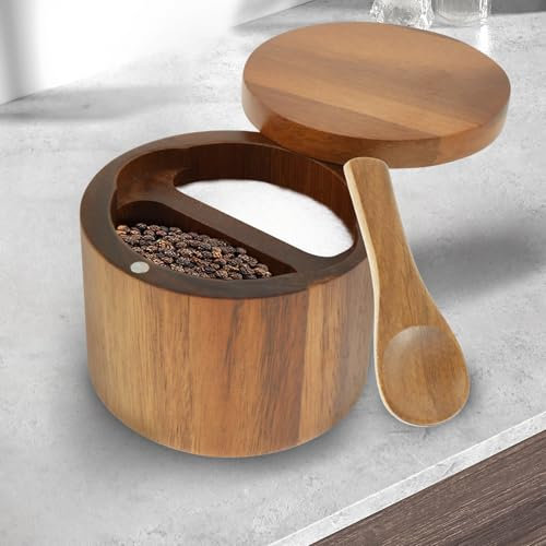 Salière et poivrière en acacia à 2 compartiments avec cuillère intégrée et couvercle pivotant magnétique rond pour la cuisine, le sel, les épices, les assaisonnements pour stocker le sel, le poivre,