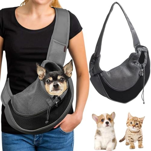 Borsa per Cani con Tracolla Regolabile - Marsupio in Rete Traspirante per Trasporto e Passeggio, Ideale per Cani o Gatti Piccola (Nero)