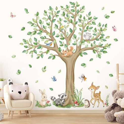wondever Adesivi Murali Albero Grande Animali del Bosco Sticker da Muro Cervo Scoiattolo Gufo Adesivi da Parete per Camerette Bambini Asilo Nido Stanza dei Giochi