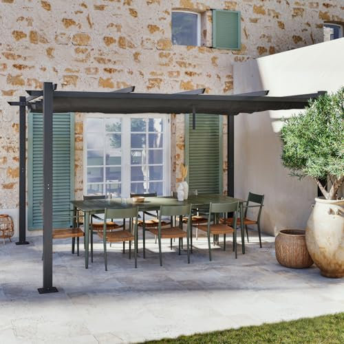 Avril Paris Tonnelle Pergola Aluminium 3x4 m Anthracite - Toile en 100% Polyester Coulissante Rétractable Grise - Pergola Jardin Exterieur - Résistante aux UV – Toile Densité 180 g/m2 - BERCY XL