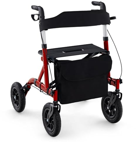 FANTASK Rollator mit Sitz für Senioren, Rollatoren Aluminium 6-fach höhenverstellbar, faltbar und leichtgewicht Laufhilfe mit Luftbereifung, 2 in 1 Rollstuhl & Reiserollator bis 160kg (Rot)