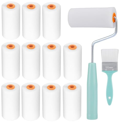 Farbroller Set Klein, 14 Stück Mini Lackierwalze, Schaumstoffrolle mit Hoher Dichte Farbroller Set, Farbwalzen Schaumwalzen mit Farbroller Bügel, für Möbel Malerei und Renovierung