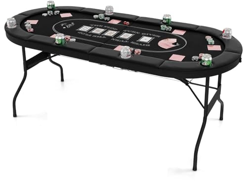 GOPLUS Table de Poker Pliable 8 Joueurs, Table de Jeu de Société 182 cm, 8 Porte-gobelets en Métal, Rampes Rembourrées, Table de Blackjack Texas Hold'em, pour Soirée en Famille (Noir)