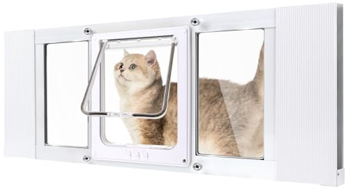 Cat Door for Window, 3Min No-Damage Quick Install, Fits 27-32 Width Windows,No Drilling Required Cat Window Door Insert, Aluminum Frame Pet Door for Window, 4 Lock Modes to Control Pet Access