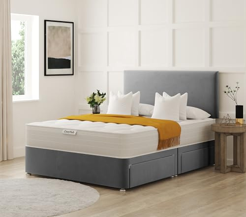 COZY HUB LTD Plain Plush Velvet Divan Bed with 10 Inch Ortho Tufted Mattress & Headboard – Luxury Divan Set with Drawer Storage Options. (Grey, 4Ft6- No Drawers)