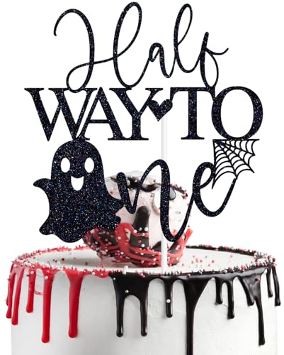 Black Glitter Half Way to One Cake Topper, Halloween Boo Spider Baby's Half Birthday 6 Months Party Décor, Ghoul Spooky Goust Baby Shower Baby's Birthday Party Decorations Supplies