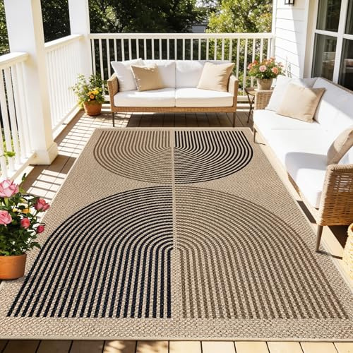 Capslpad Outdoor Teppich 160x230cm, Jute Aussehen Wetterfest Teppich, Robuster Flachgewebe Waschbar Teppiche, Double Arc Design rutschfest Küchenteppich für Wohnzimmer, Balkon, Eingang, Küche