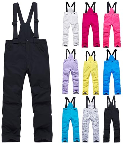 Boys Girls Insulated Ski Bib Teen Waterproof Windproof Heated Snow Pants Adjustable Strap (Black, 11-12 Years)
