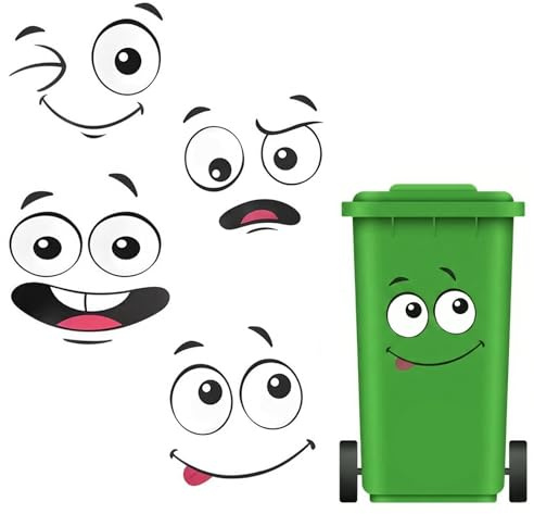 DAQUN 8 Pack Bin Decals, Large Self-Adhesive Stickers for Trash Cans, Outdoor Vinyl Cartoon Faces Set