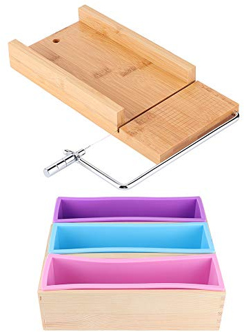 Juego de moldes de silicona para hacer jabón DIY de 1200 ml con caja de madera y cortador de jabón manual con balanza, herramienta de repostería reutilizable para cocina para