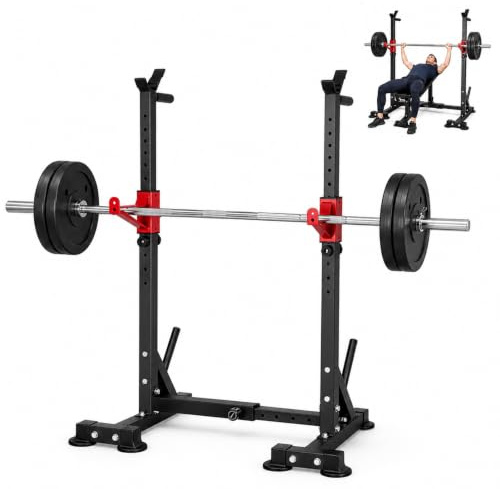Fushabana Adjustable Squat Rack, 300kg Capacity, Heavy Duty Barbell Rack Stand with Spotter Arms and Weight Plate Storage, 92–148cm Height, for Home Gym-Black