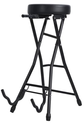 Vikbar gitarrpall med integrerat stativ, vadderad sits, fotstöd, infällbar krok, för akustisk gitarr, elektrisk, bas, studio, lektioner, repetition, svart scen