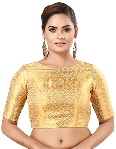 Madhu Fashion Women's Traditional Rich Golden Banarasi Brocade Stitched Readymade Saree Blouse (32 Gold)