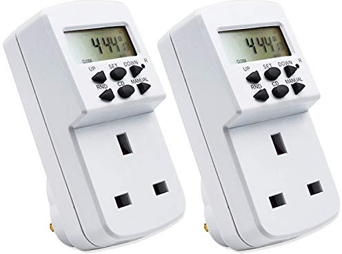 EXTRASTAR Electronic Digital Plug-in Timer, [2 Pack] Programmable Timer Socket with LCD Display 24 Hours/7 Days, Energy Saving UK Plug - White