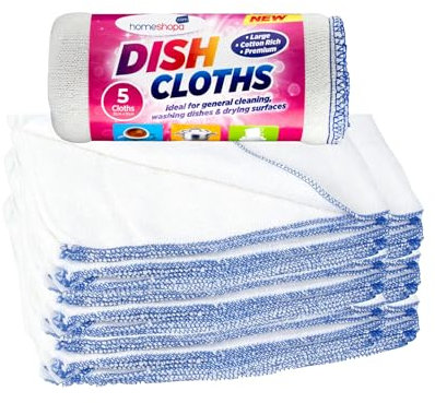 Homeshopa Large Dish Cleaning Cloth, Cotton Super Absorbent White Kitchen Washing Up Dishcloth, Extra Soft & Thick Reusable Tea Towels Washcloths, 35 X 35cm, Pack of 5