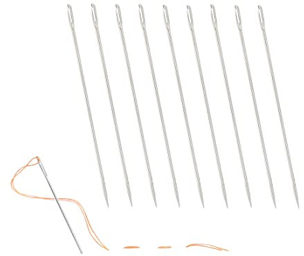 D.RECT Set di 10 aghi da ricamo a occhio grande, in acciaio, con punta e grande occhio per limare file, lunghezza 100 mm