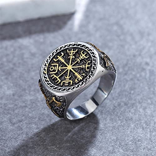 XJruixi Vintage Viking Aegishjalmur Men's Ring Stainless Steel Nordic Pattern Compass Vegvisir Rings For Men Amulet Pattern Jewelry Gift