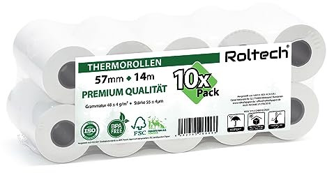 ROLTECH | 10 Thermorollen | 57mm x 14m x 12mm | BPA frei | EC Cash | Kassenrollen | Thermopapier | Bonrollen | Premium Qualität (10 Rollen)