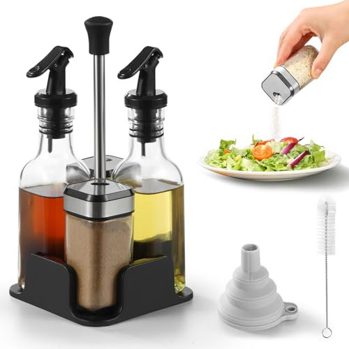FRIBERG 2 Gewürzgläser mit Schraubdeckel aus Edelstahl 120ML,Menage set,Salz & Pfeffer Öl & Essig Set, 2 Ölflaschen 200ML, 5-in-1 Öl & Essig Set, Pfefferstreuer mit Trichter & harter Bürste